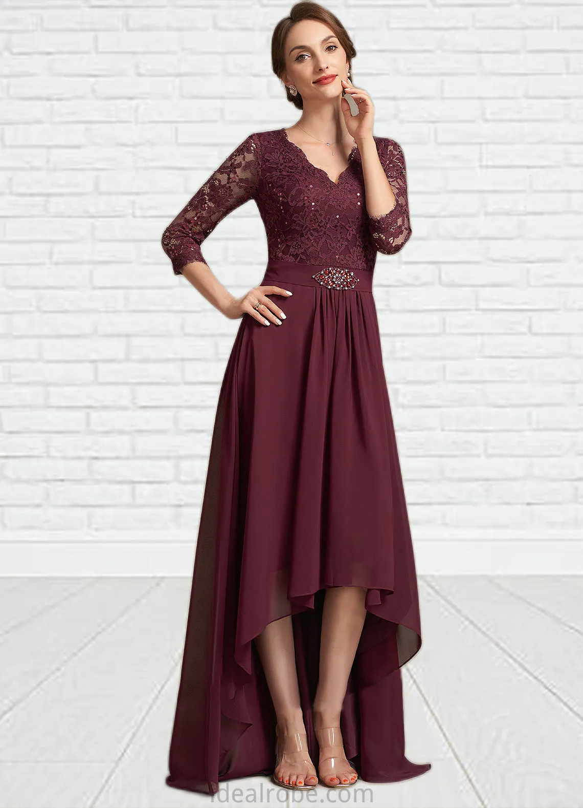 Brooklyn A-Line V-neck Asymmetrical Chiffon Lace Mother of the Bride Dress With Beading Sequins STK126P0014980