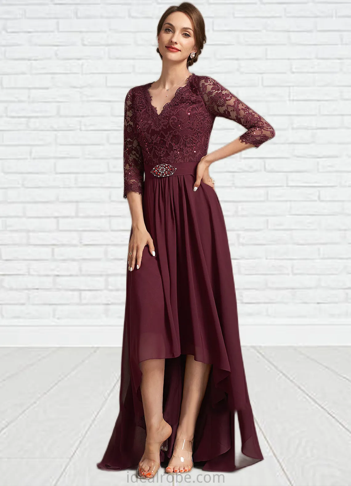 Brooklyn A-Line V-neck Asymmetrical Chiffon Lace Mother of the Bride Dress With Beading Sequins STK126P0014980