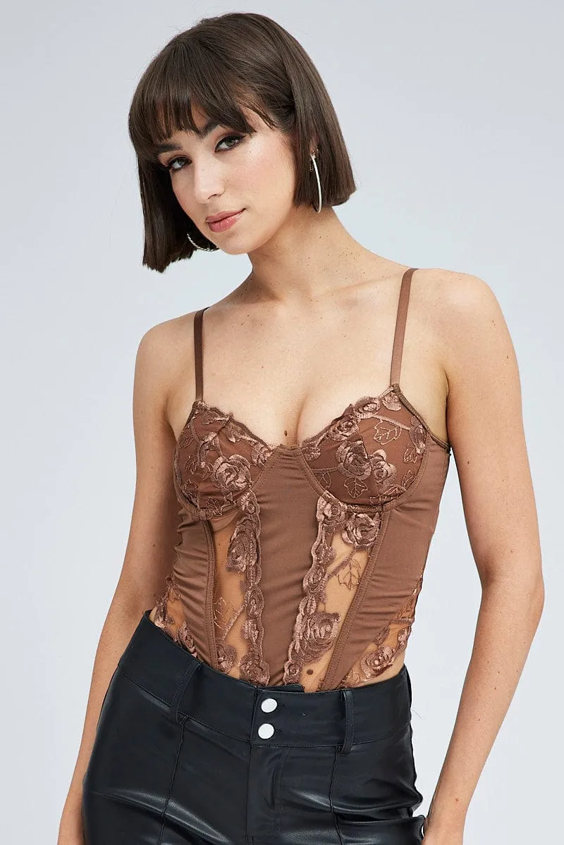 Brown Embroidery Corset Top