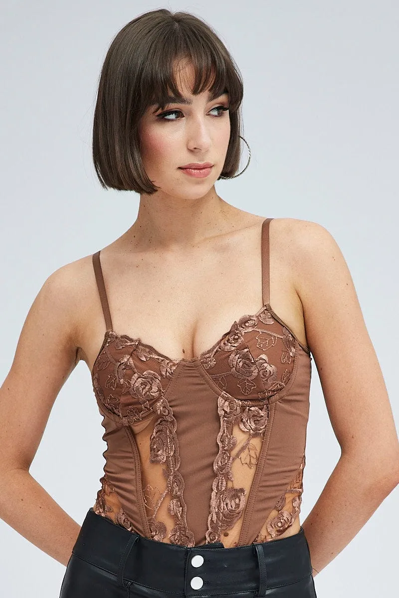 Brown Embroidery Corset Top