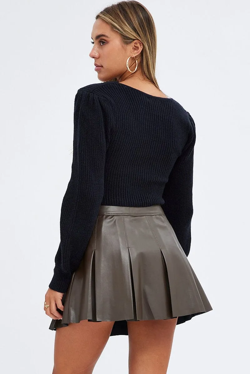 Brown Pleated Skirt Mini Faux Leather