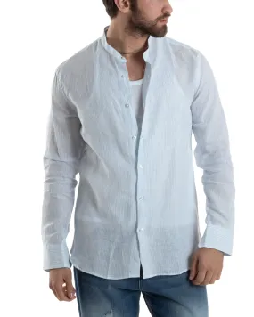 Camicia Uomo Lino Collo Coreano Manica Lunga Regular Fit Riga Stretta Celeste GIOSAL-C2862A