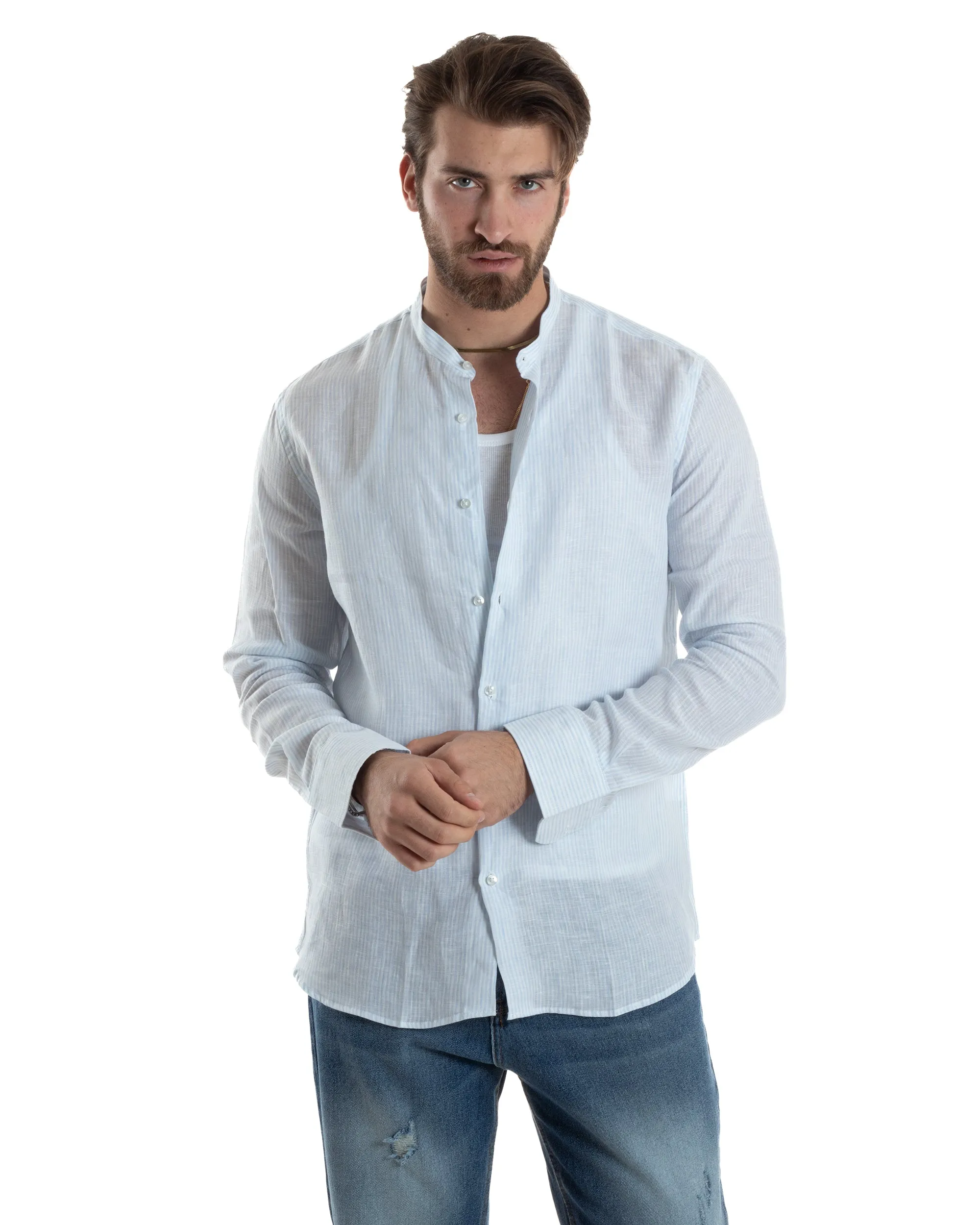 Camicia Uomo Lino Collo Coreano Manica Lunga Regular Fit Riga Stretta Celeste GIOSAL-C2862A