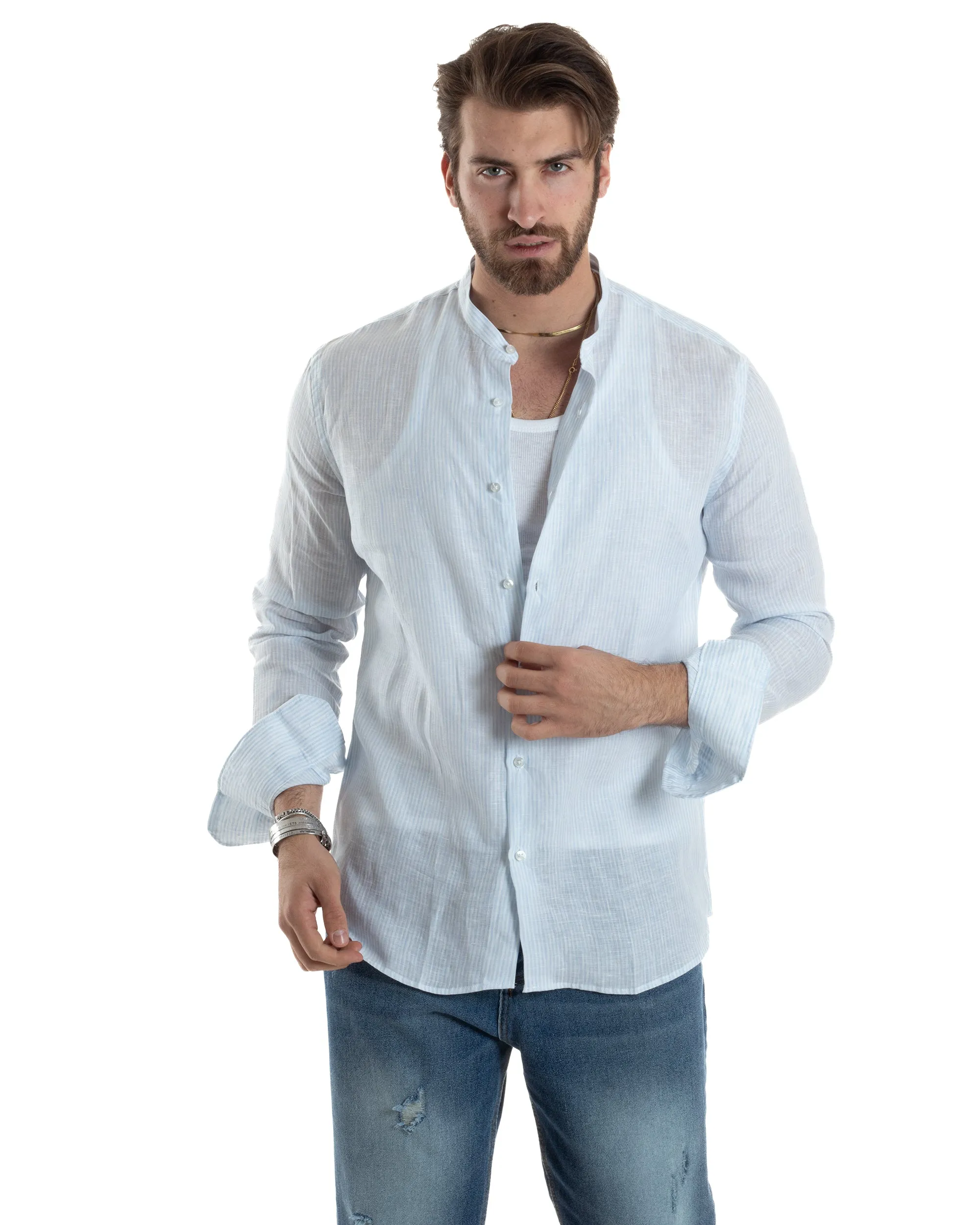 Camicia Uomo Lino Collo Coreano Manica Lunga Regular Fit Riga Stretta Celeste GIOSAL-C2862A