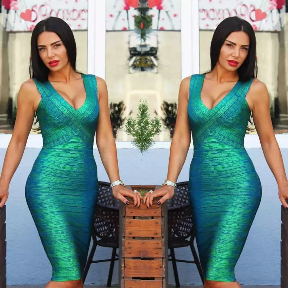 Celebrity New High Quality HL Gold Green Stretch Rayon Bandage Dress Evening Party Dress Vestidos