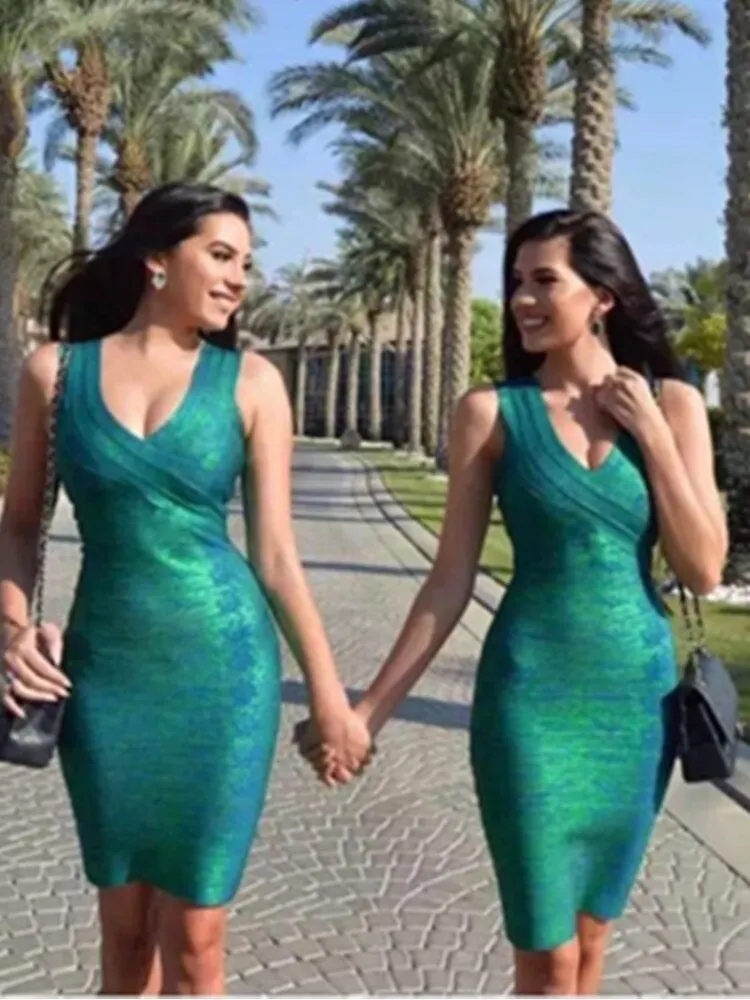 Celebrity New High Quality HL Gold Green Stretch Rayon Bandage Dress Evening Party Dress Vestidos