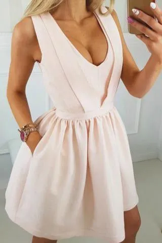 Cheap V Neck Satin Short Prom Dress with Pocket Open Back Homecoming Dresses