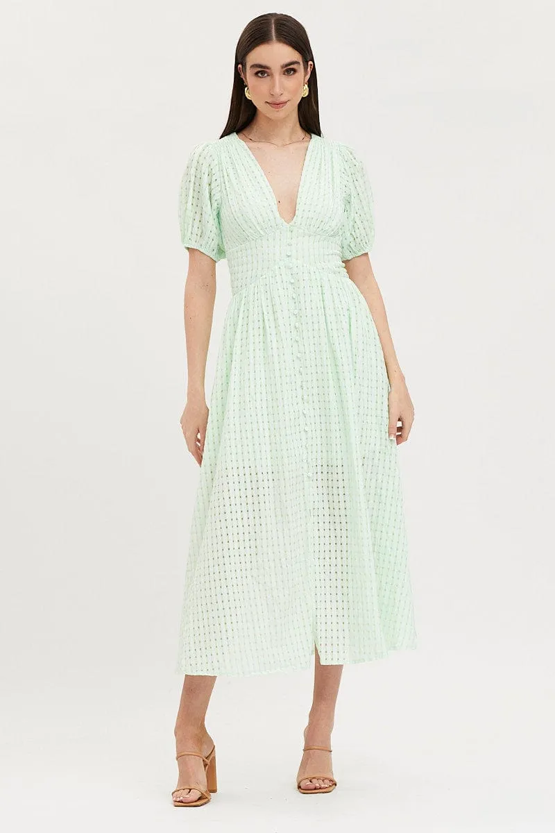 Check Puff Sleeve Midi Dress