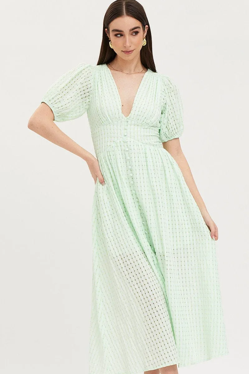 Check Puff Sleeve Midi Dress