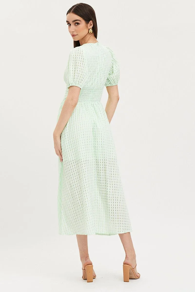 Check Puff Sleeve Midi Dress