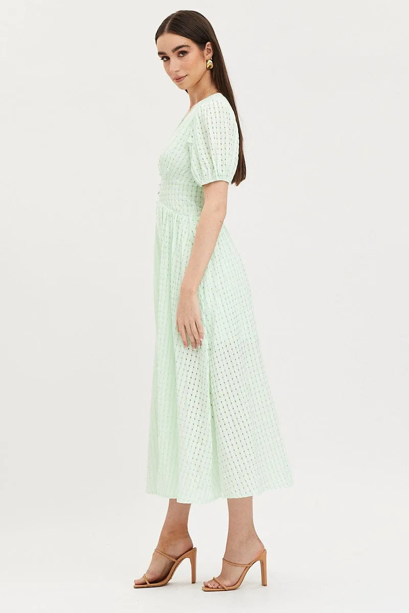 Check Puff Sleeve Midi Dress