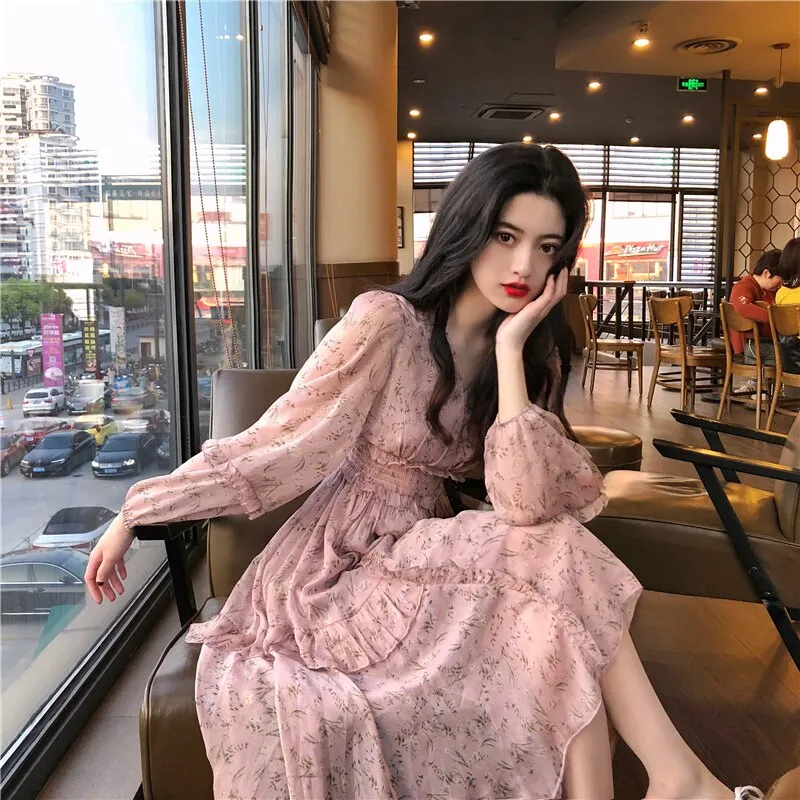 Clothing Dresses Vestidos Print Korean Style Fashion New Long Sleeve Autumn Chiffon Pink Women