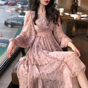 Clothing Dresses Vestidos Print Korean Style Fashion New Long Sleeve Autumn Chiffon Pink Women