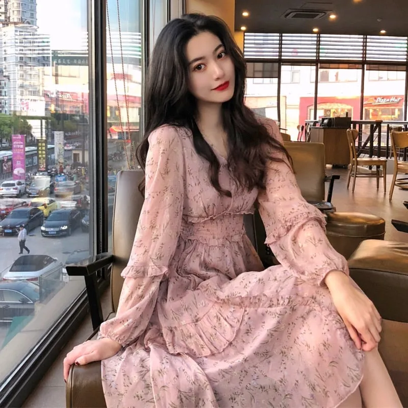 Clothing Dresses Vestidos Print Korean Style Fashion New Long Sleeve Autumn Chiffon Pink Women