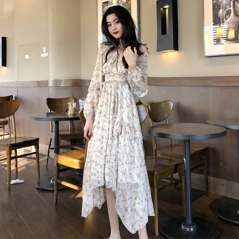 Clothing Dresses Vestidos Print Korean Style Fashion New Long Sleeve Autumn Chiffon Pink Women