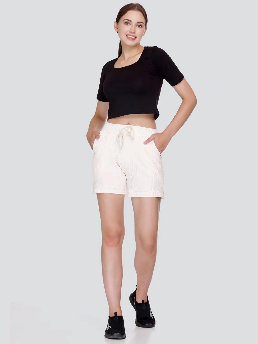 Cotton Cord Knit Shorts For Women - Pearl White