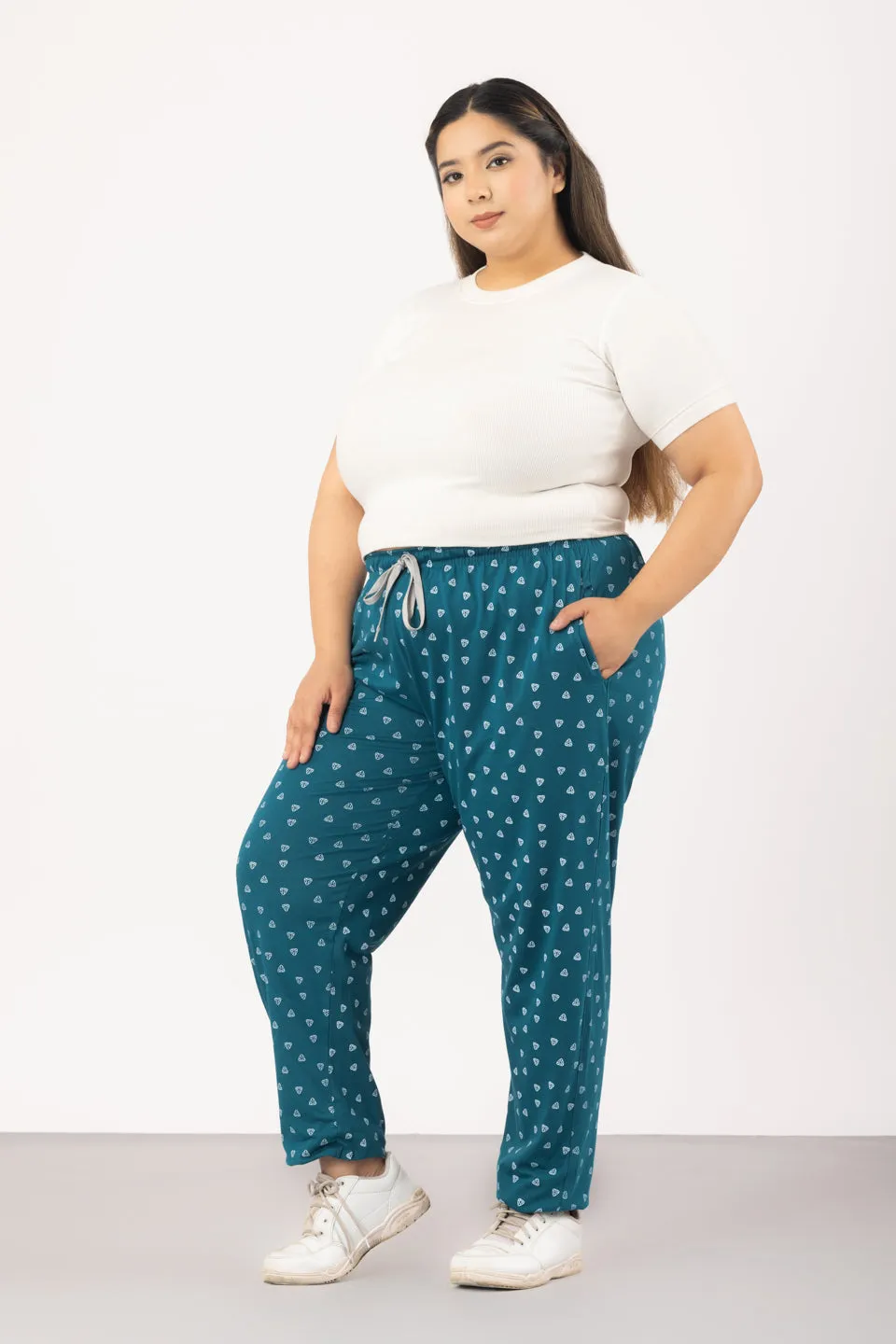 Cotton Printed Night Pants For Women - Teal Blue