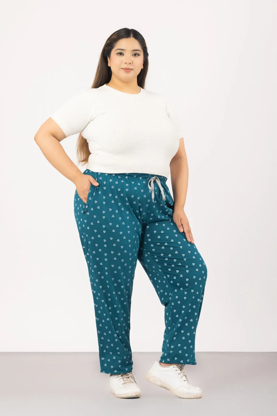 Cotton Printed Night Pants For Women - Teal Blue