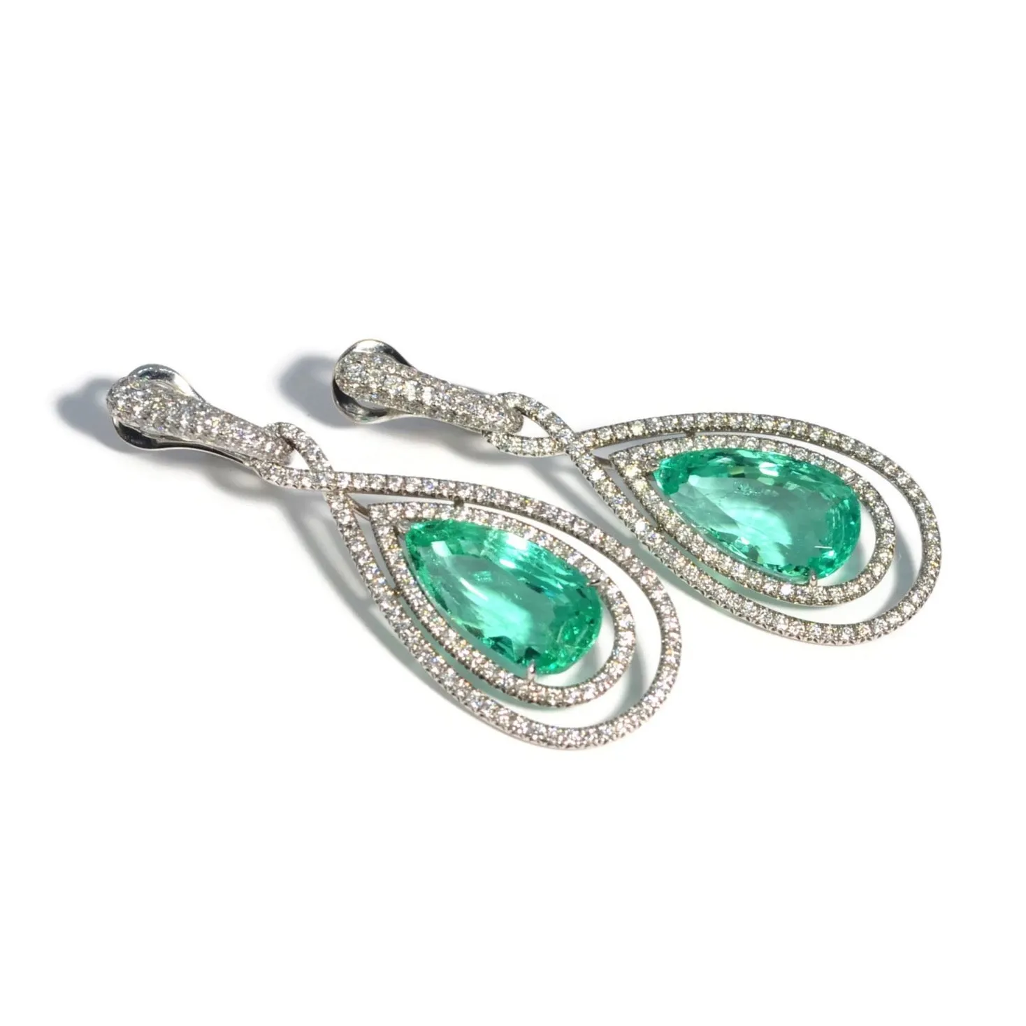 Eclat Jewels - One of a Kind Drop Earrings with Emeralds and Diamonds, 18k White Gold