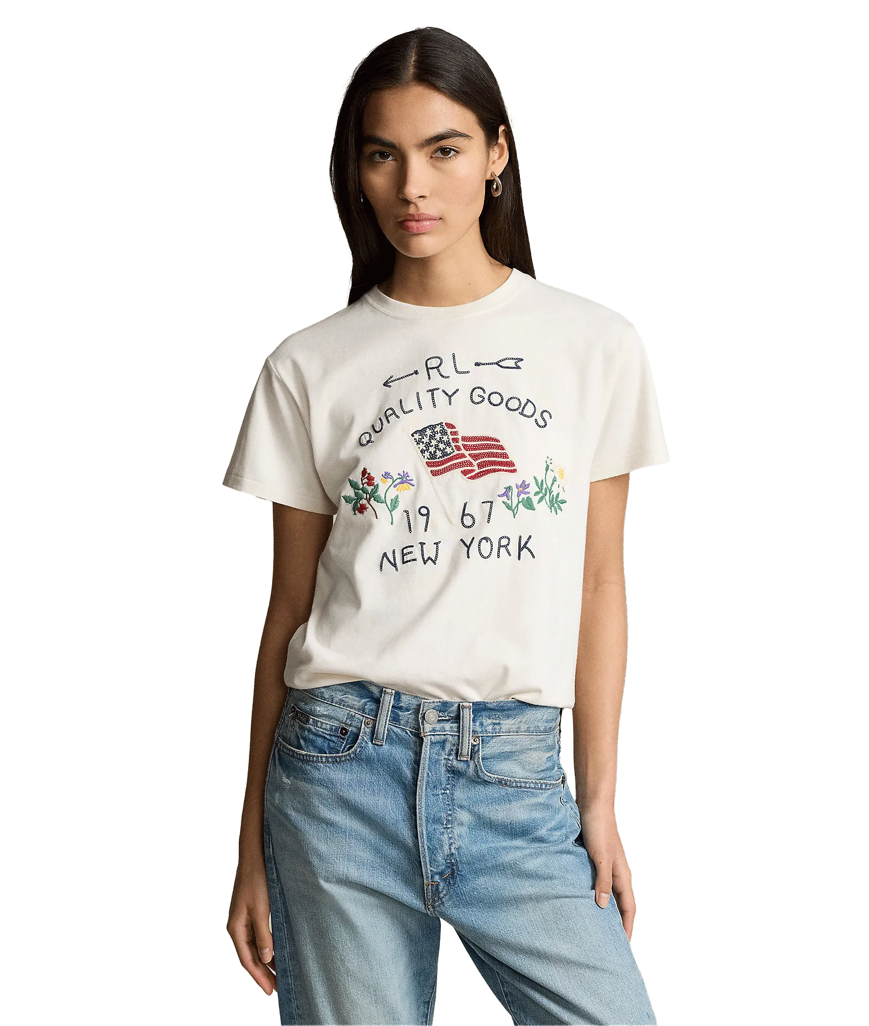 Embroidered Flag Cotton Tee - White