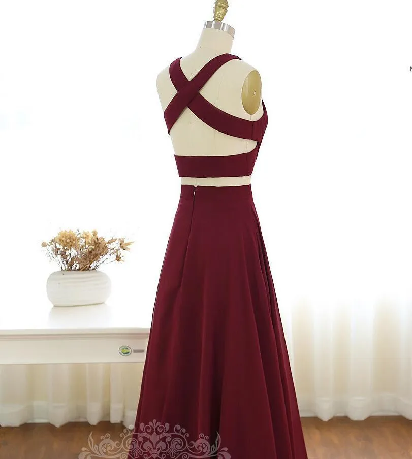 Fashion Long V-Neck Two Piece Floor Length A-Line Sleeveless Halter Prom Dresses