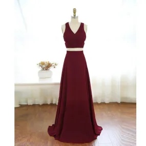 Fashion Long V-Neck Two Piece Floor Length A-Line Sleeveless Halter Prom Dresses