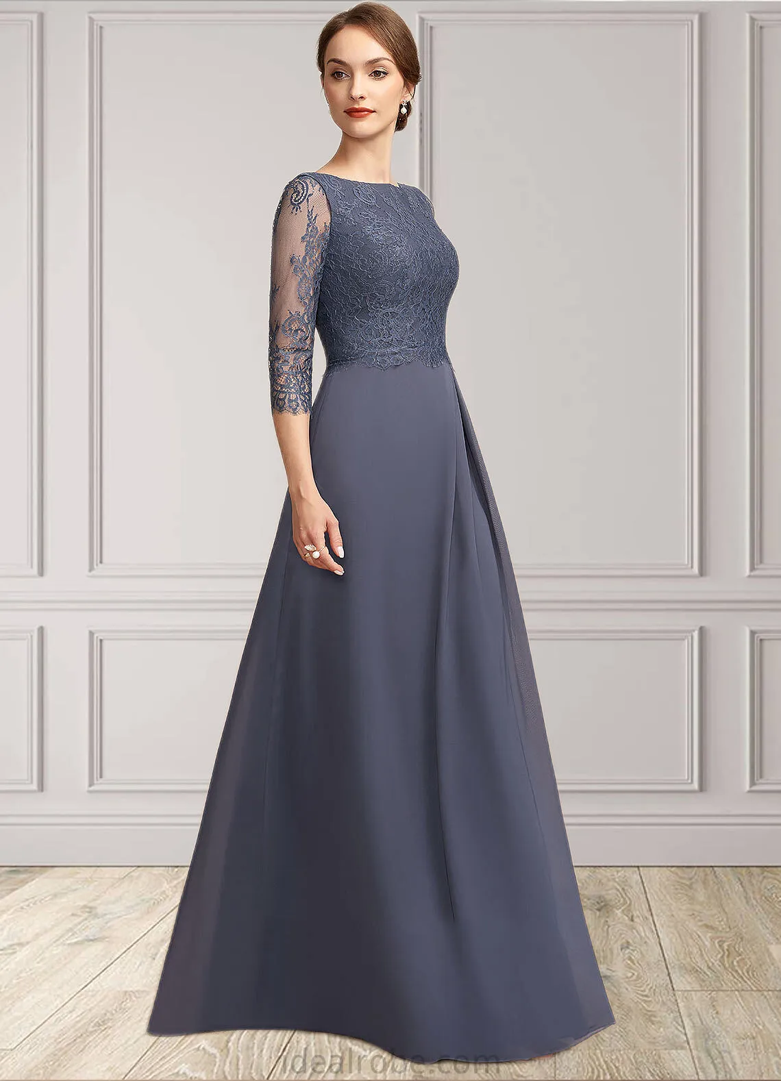 Georgia A-Line Scoop Neck Floor-Length Chiffon Lace Mother of the Bride Dress With Ruffle STK126P0014917