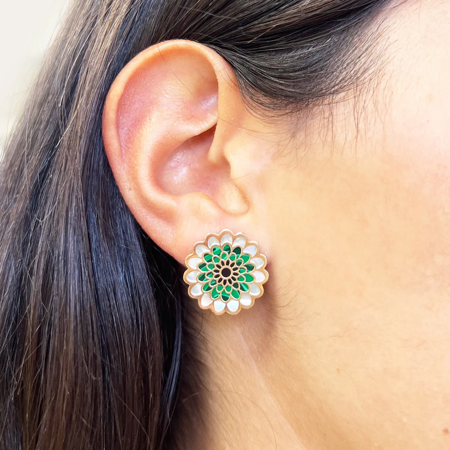 Green Dahlia Flower Stud Earrings