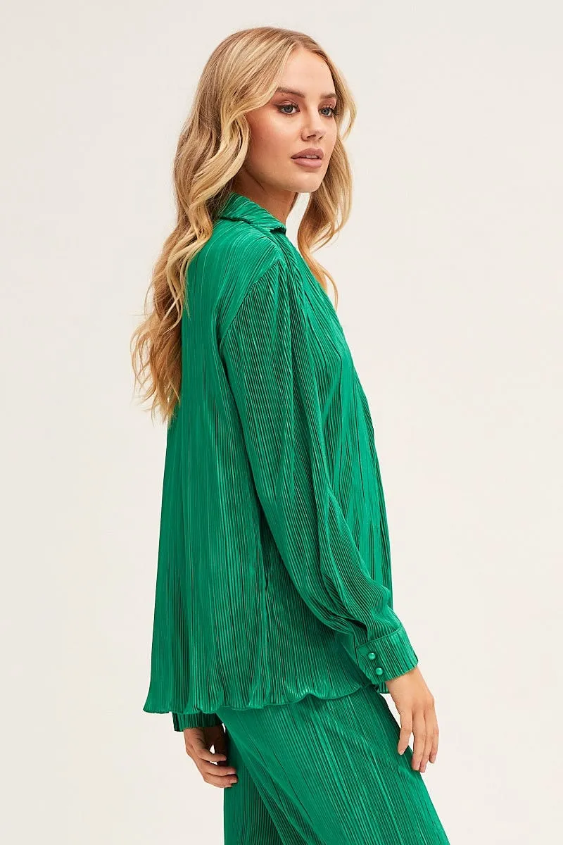 Green Plisse Shirt Long Sleeve Button Front