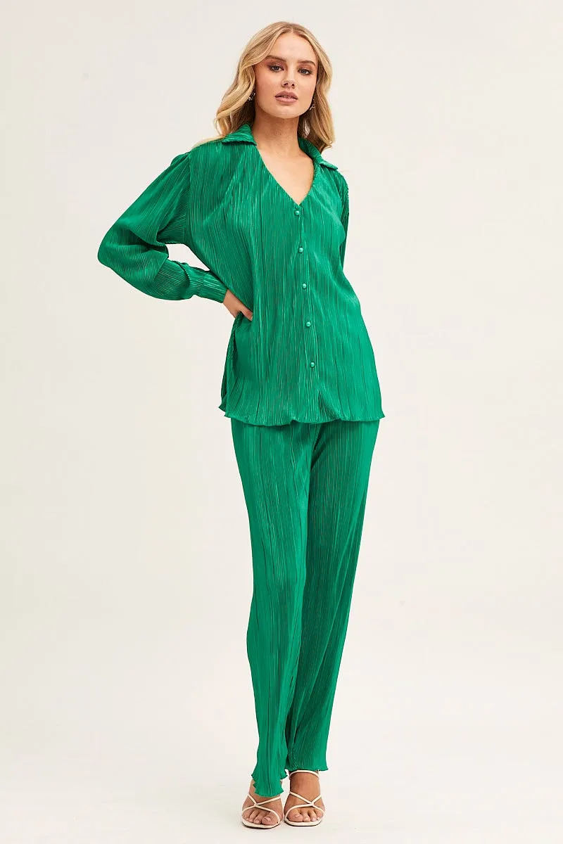 Green Plisse Shirt Long Sleeve Button Front