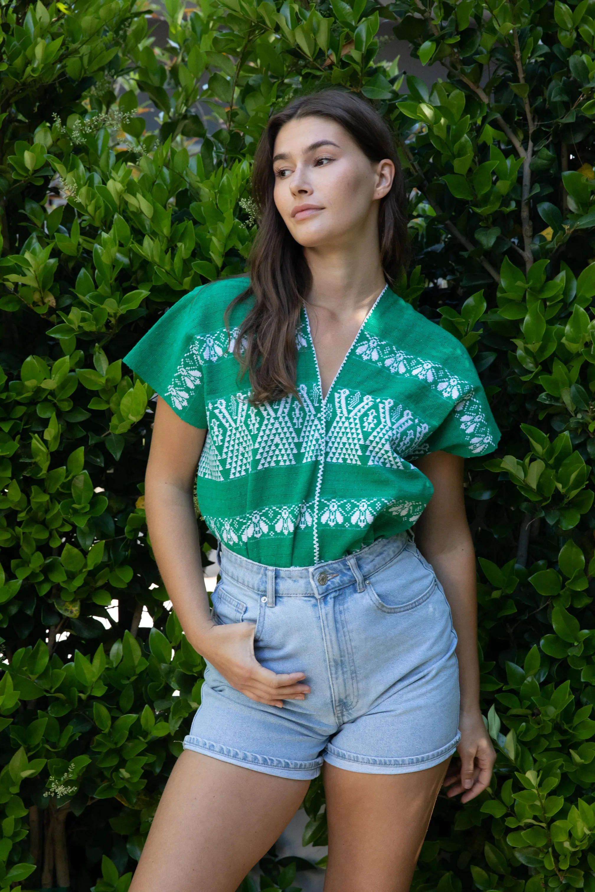 GREEN   WHITE V-NECK CROP