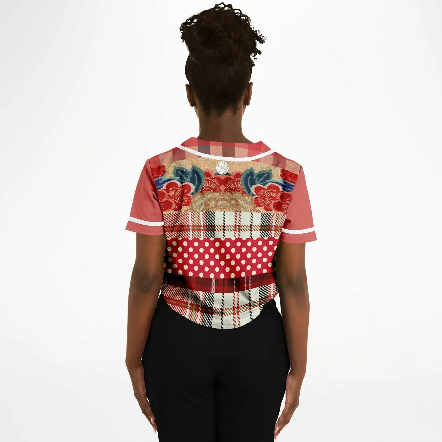 Jersey Salsa Floral Plaid Patchwork Cropped Button Front Jersey