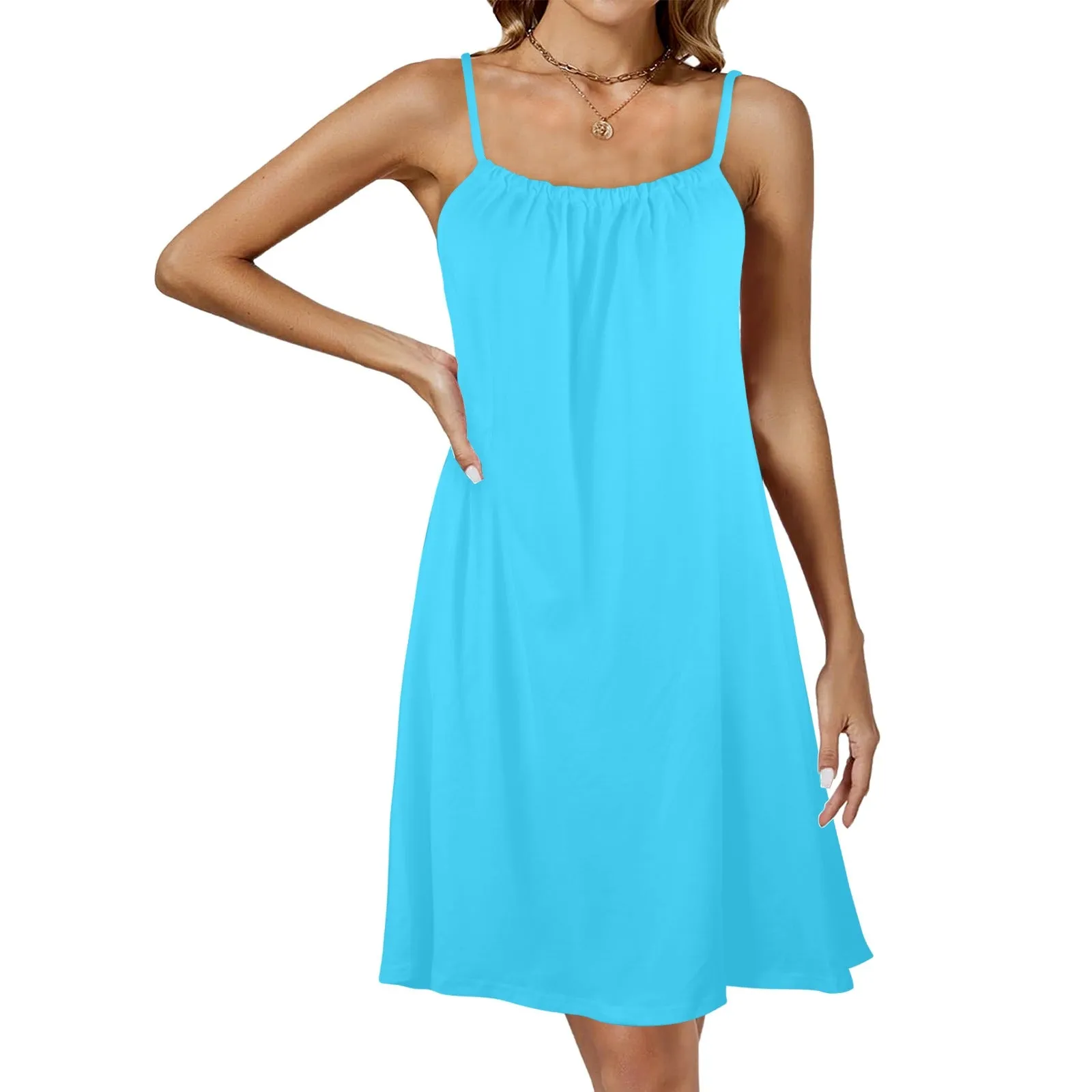 light blue d08 pepper green stripes front Drawstring Neck Sleeveless Dress (Model D68)