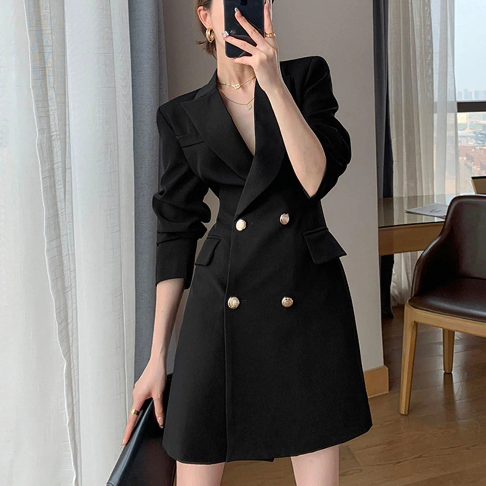 Long Sleeve Slim Fit Double Breasted Blazer Dress