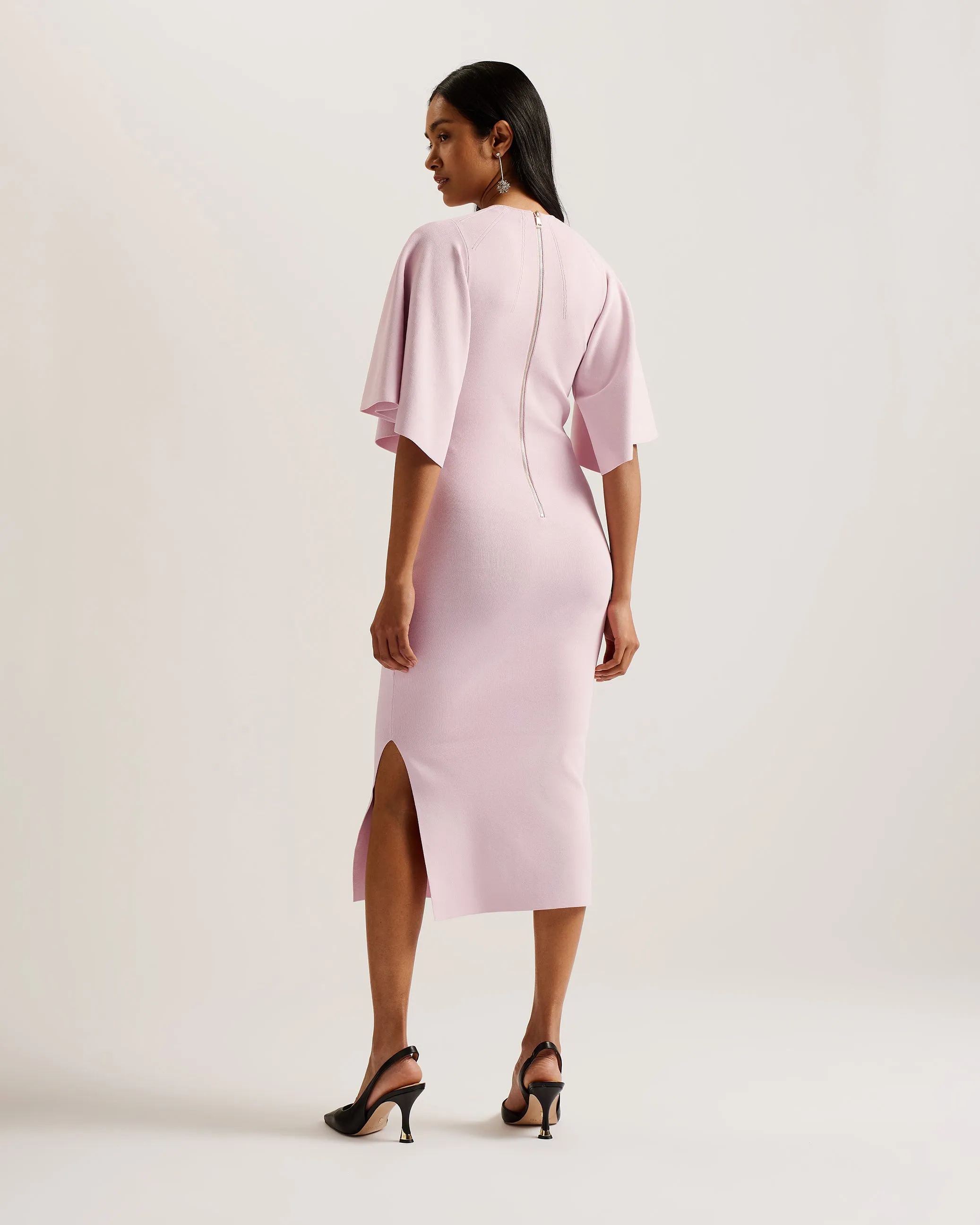 Lounia Fluted Sleeve Knitted Bodycon Midi Dress Lt-Pink