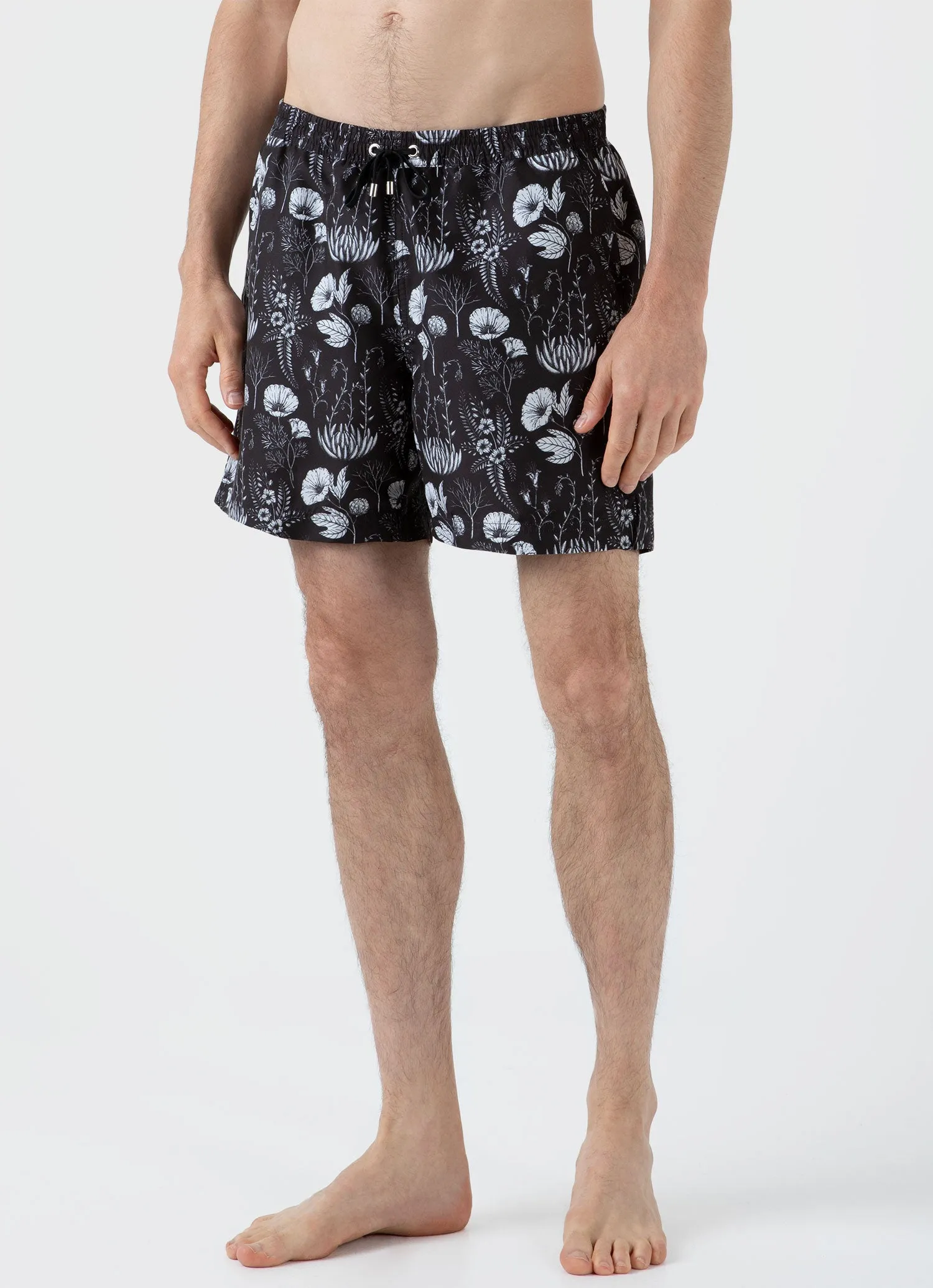 Men's Leaf Print Swim Short in Black