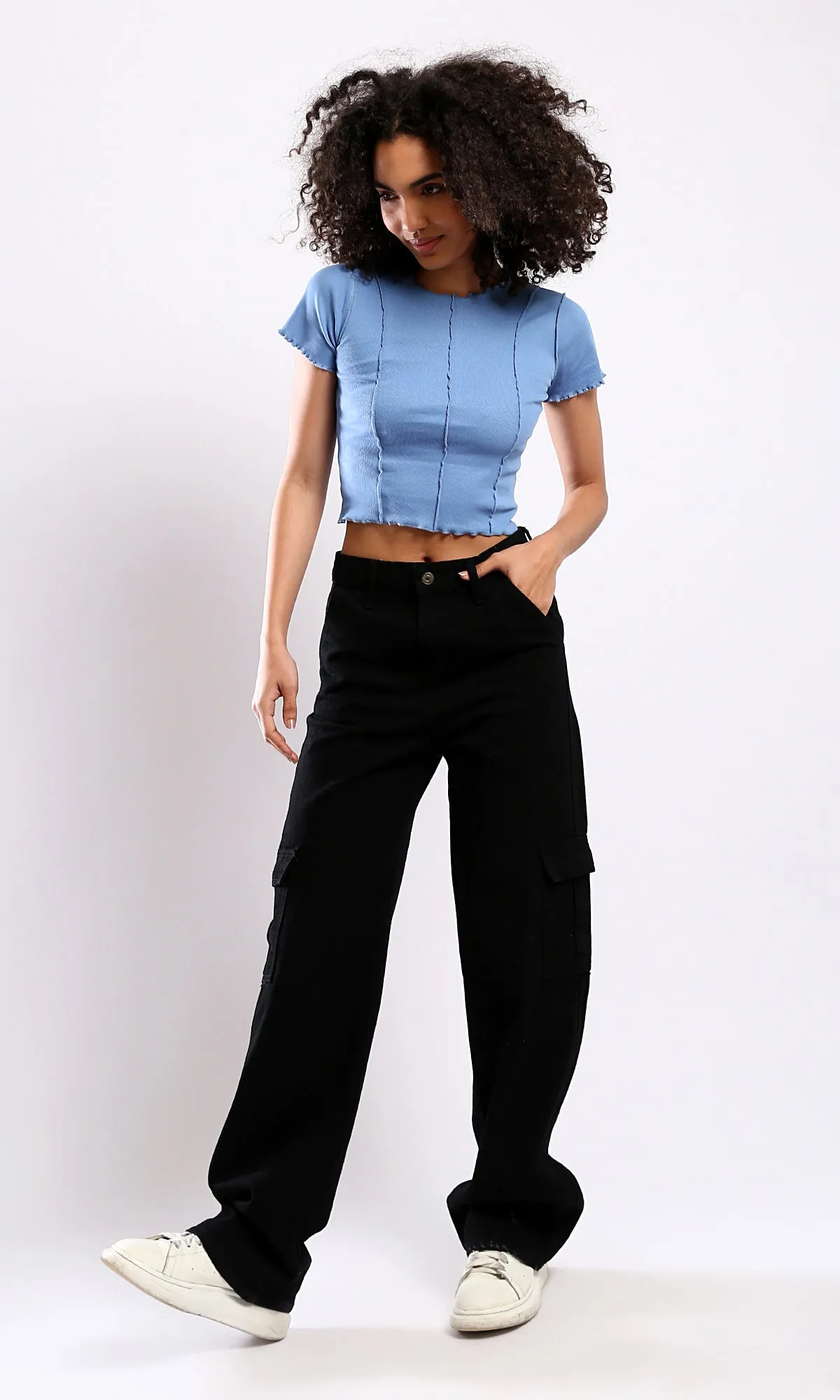 O182020 Baby Blue Short Sleeves Ribbed Cropped Top