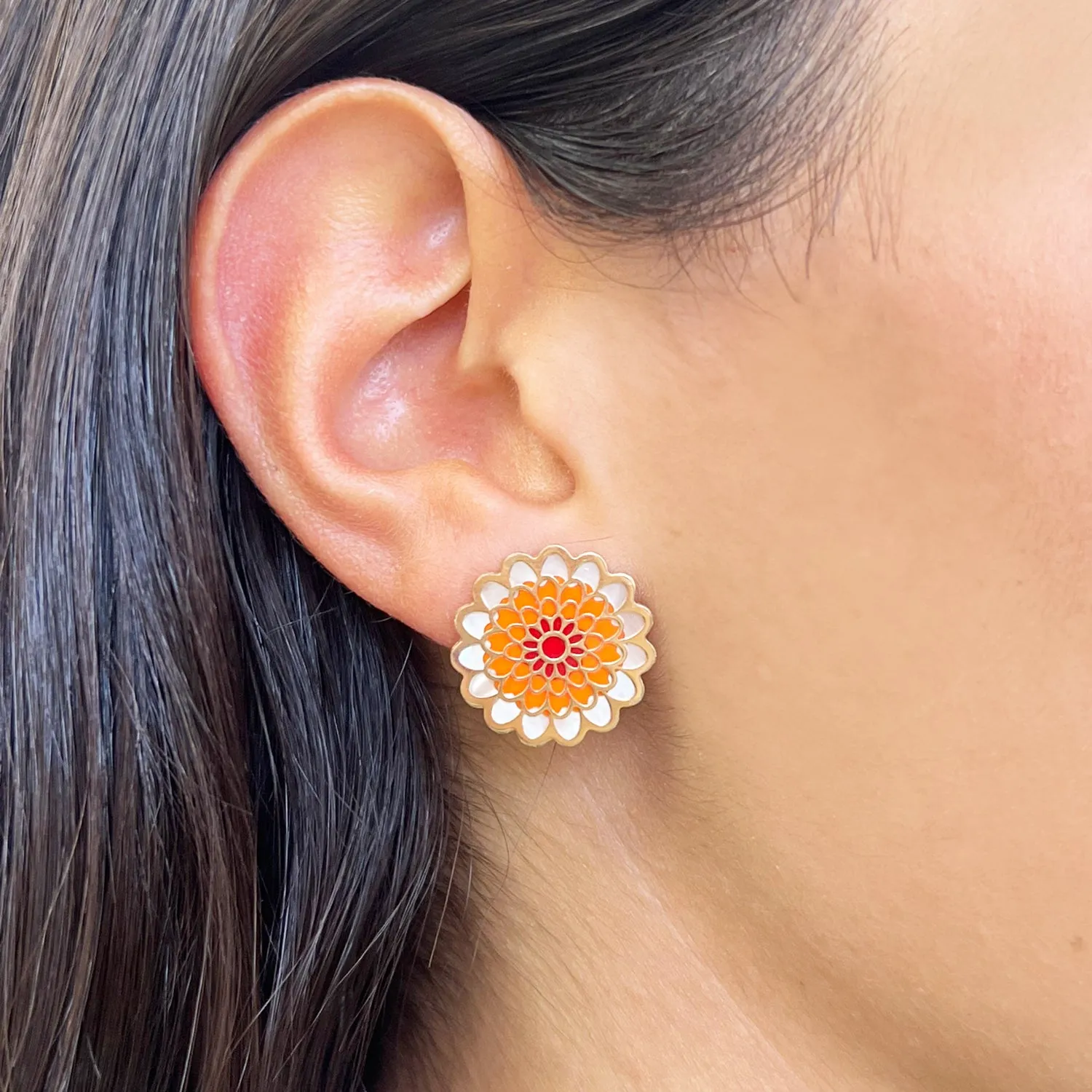 Orange Dahlia Flower Stud Earrings