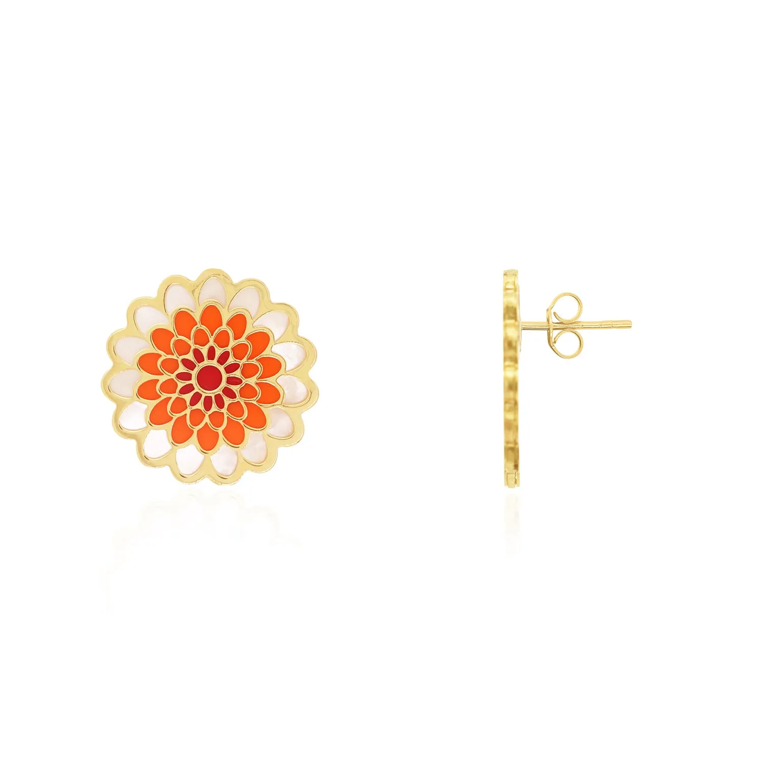 Orange Dahlia Flower Stud Earrings