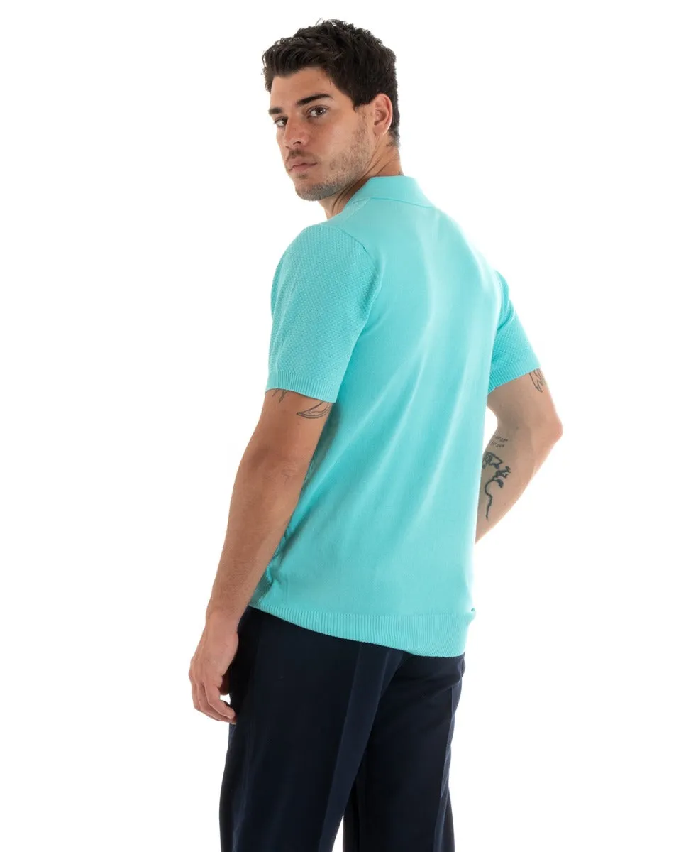 Polo Uomo T-Shirt Manica Corta Tinta Unita Scollo Bottoni Ricamata Casual Turchese GIOSAL-TS2966A