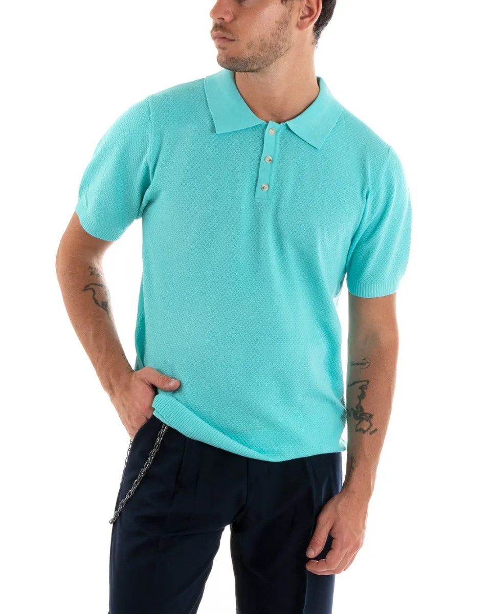 Polo Uomo T-Shirt Manica Corta Tinta Unita Scollo Bottoni Ricamata Casual Turchese GIOSAL-TS2966A