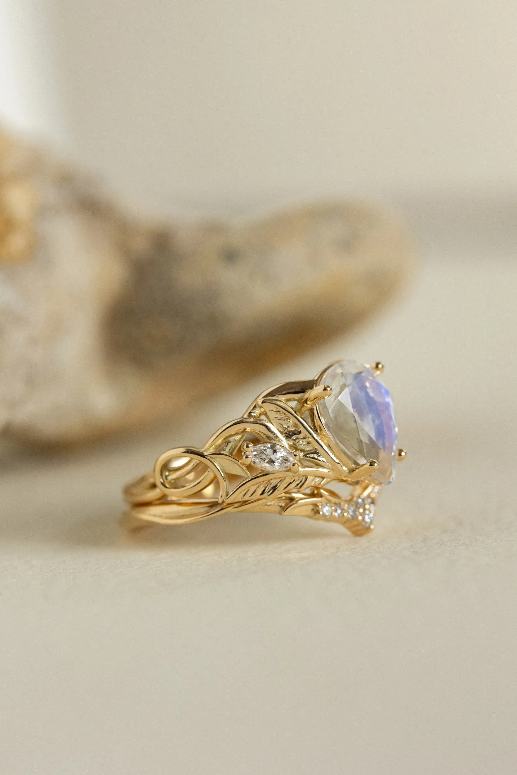 READY TO SHIP: Ikar ring set in 14K yellow gold, moonstone pear cut 10x7 mm, accent lab grown diamonds, AVAILABLE RING SIZES: 6-8US