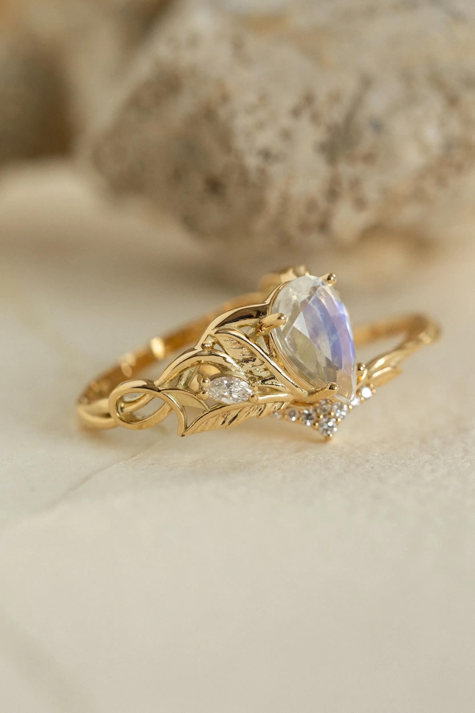 READY TO SHIP: Ikar ring set in 14K yellow gold, moonstone pear cut 10x7 mm, accent lab grown diamonds, AVAILABLE RING SIZES: 6-8US