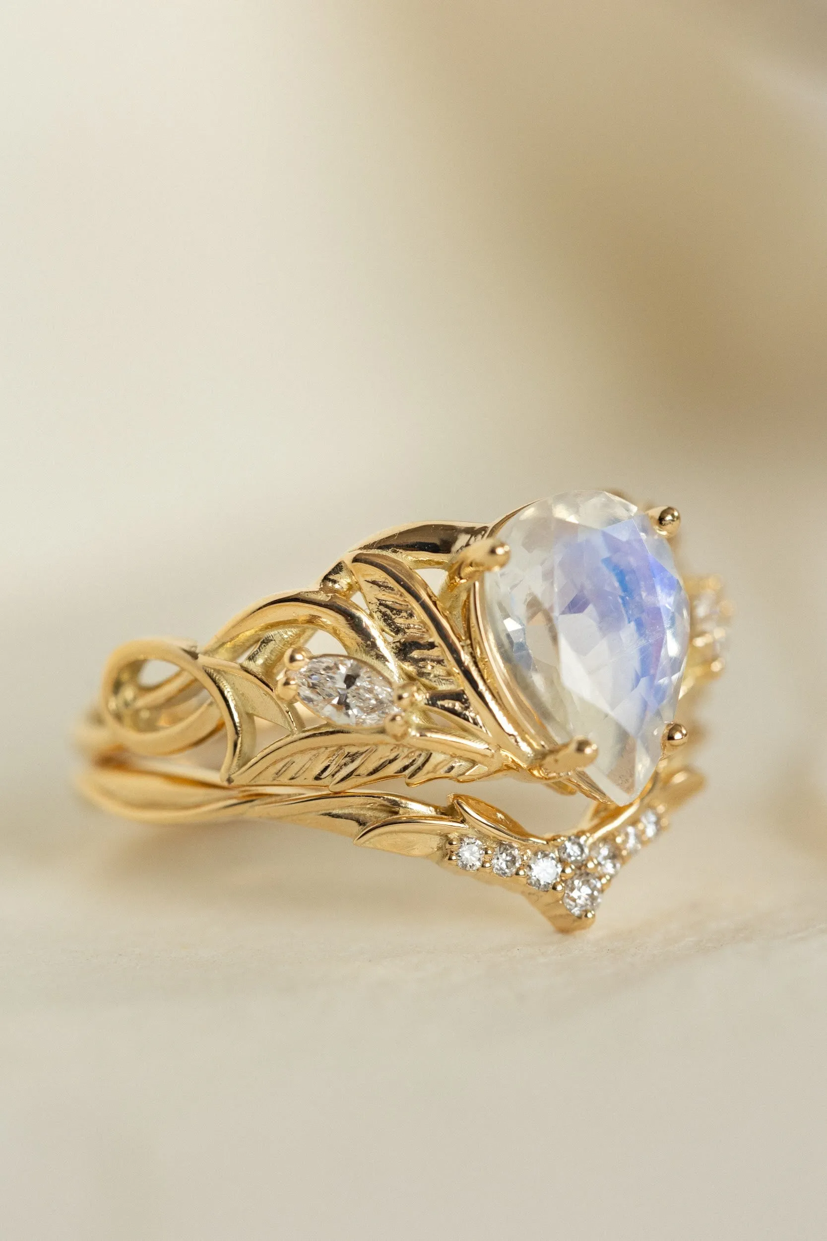 READY TO SHIP: Ikar ring set in 14K yellow gold, moonstone pear cut 10x7 mm, accent lab grown diamonds, AVAILABLE RING SIZES: 6-8US