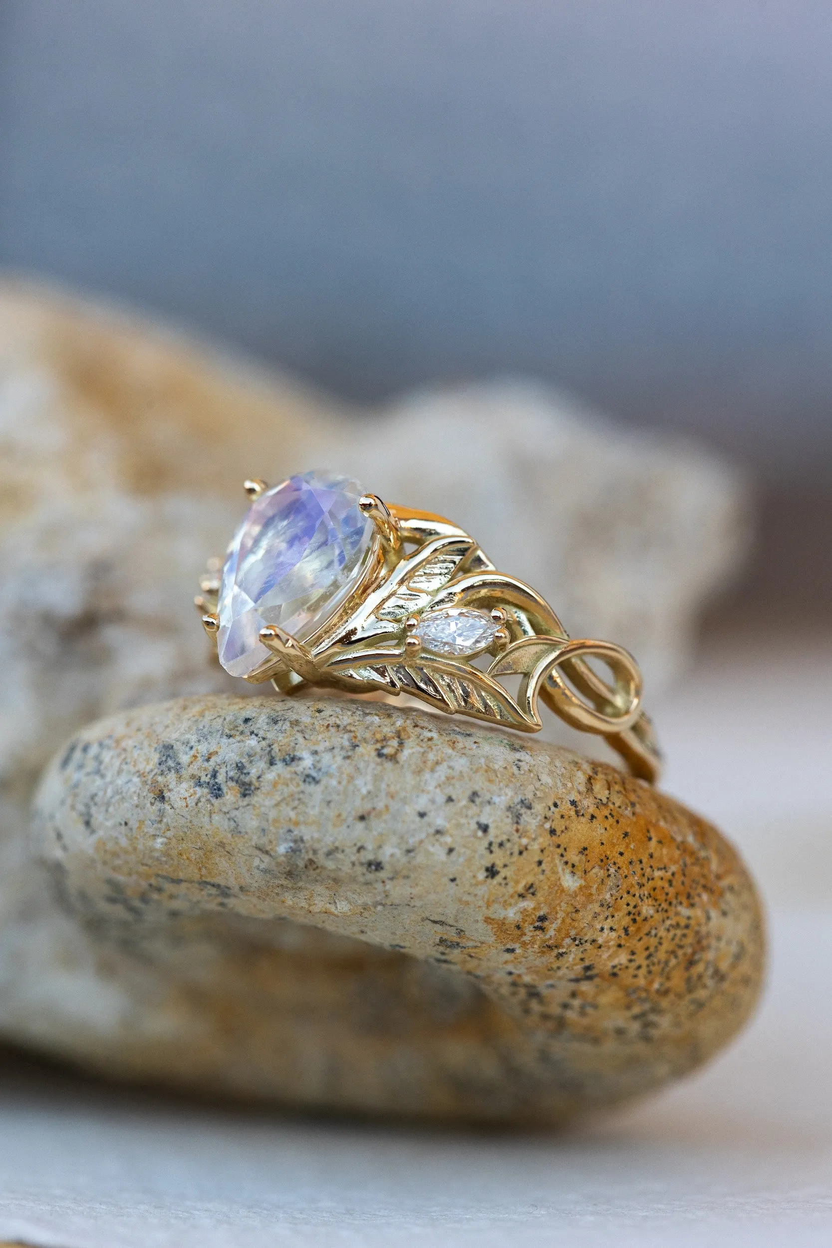 READY TO SHIP: Ikar ring set in 14K yellow gold, moonstone pear cut 10x7 mm, accent lab grown diamonds, AVAILABLE RING SIZES: 6-8US