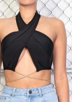 Rehab Crossed Halter Neck Metal Chain Crop Tube Top (Black) JT5185B