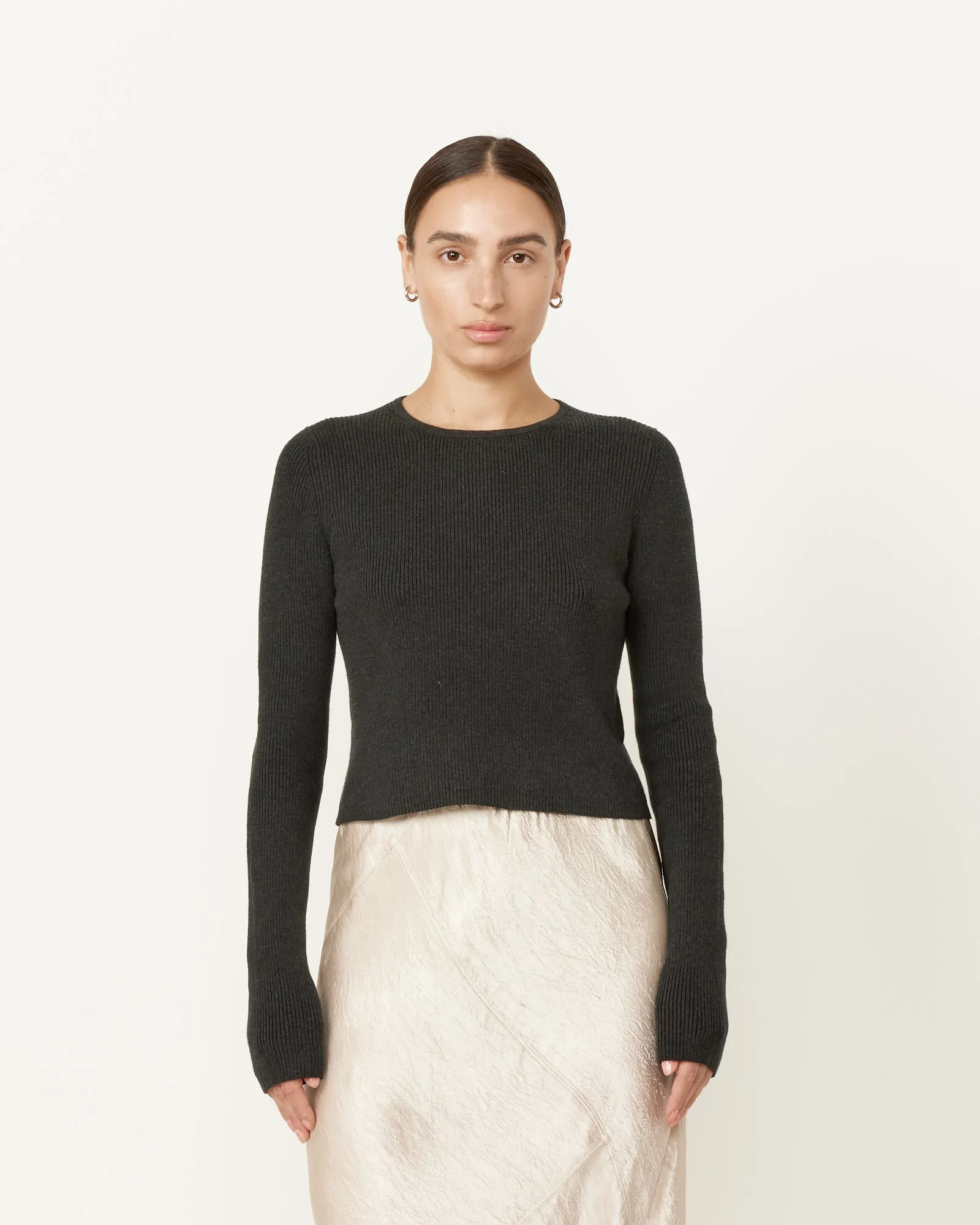 Rib Crop Crewneck in Charcoal Melange