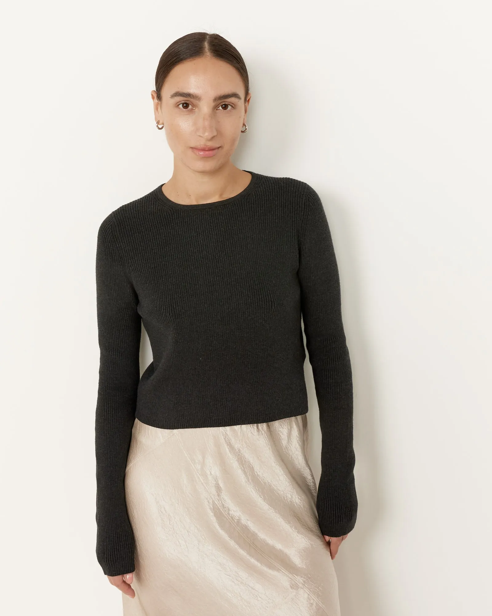 Rib Crop Crewneck in Charcoal Melange