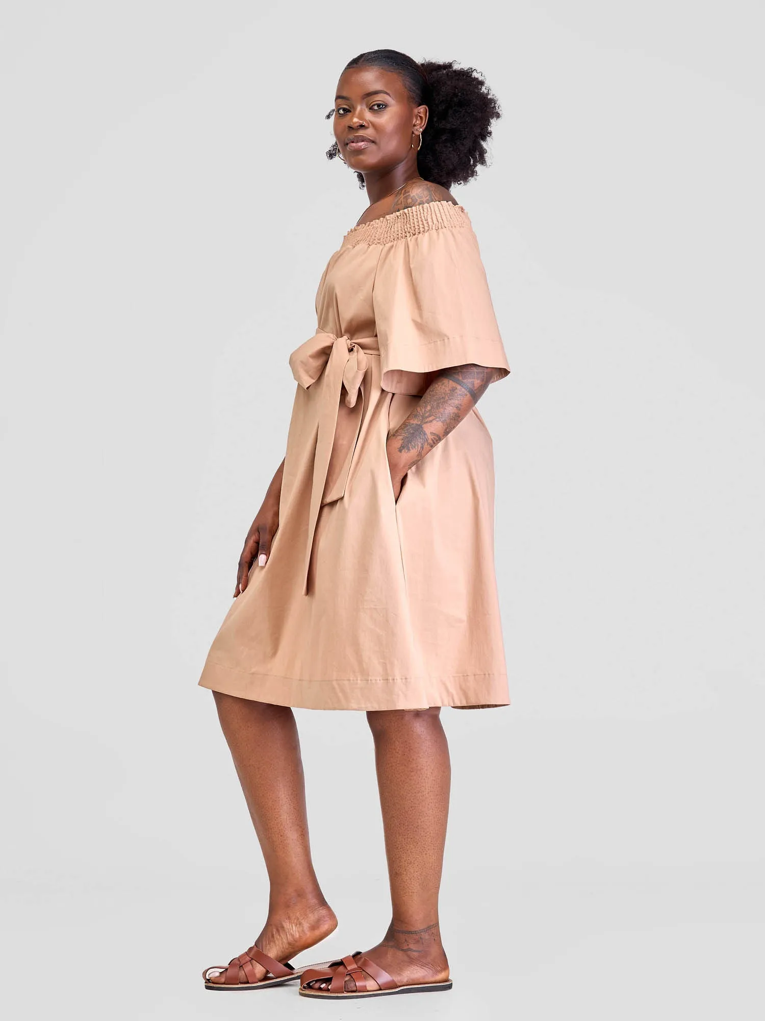 Safari Zene Off Shoulder Dress - Taupe