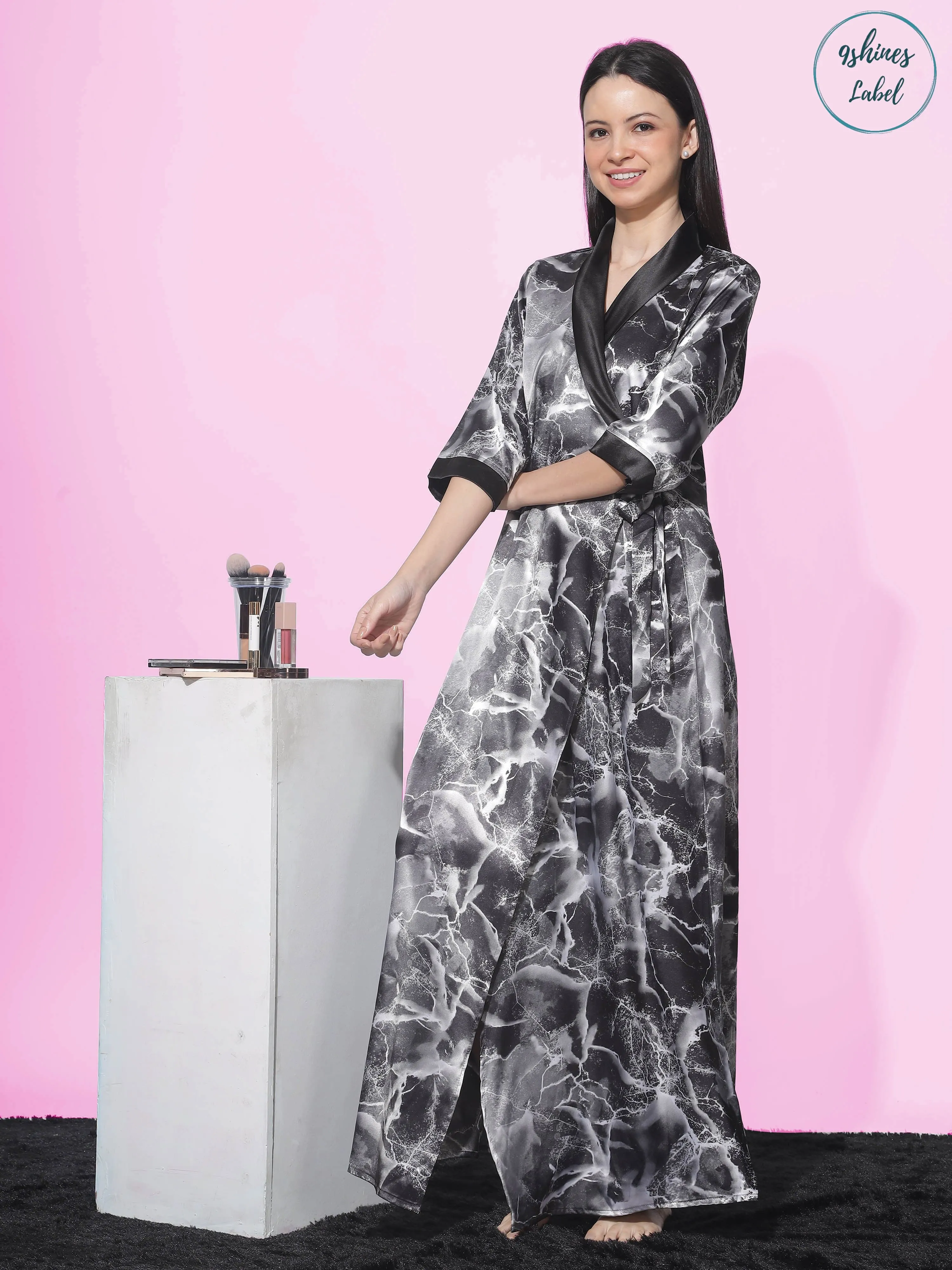 Satin House Coat Marble Grey